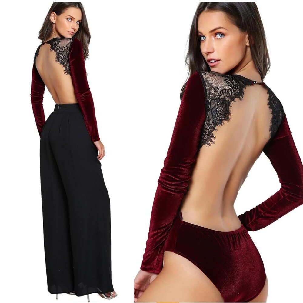 Women's Velvet Lace Appliques Sexy Backless Long Sleeve Bodysuit Burgundy S